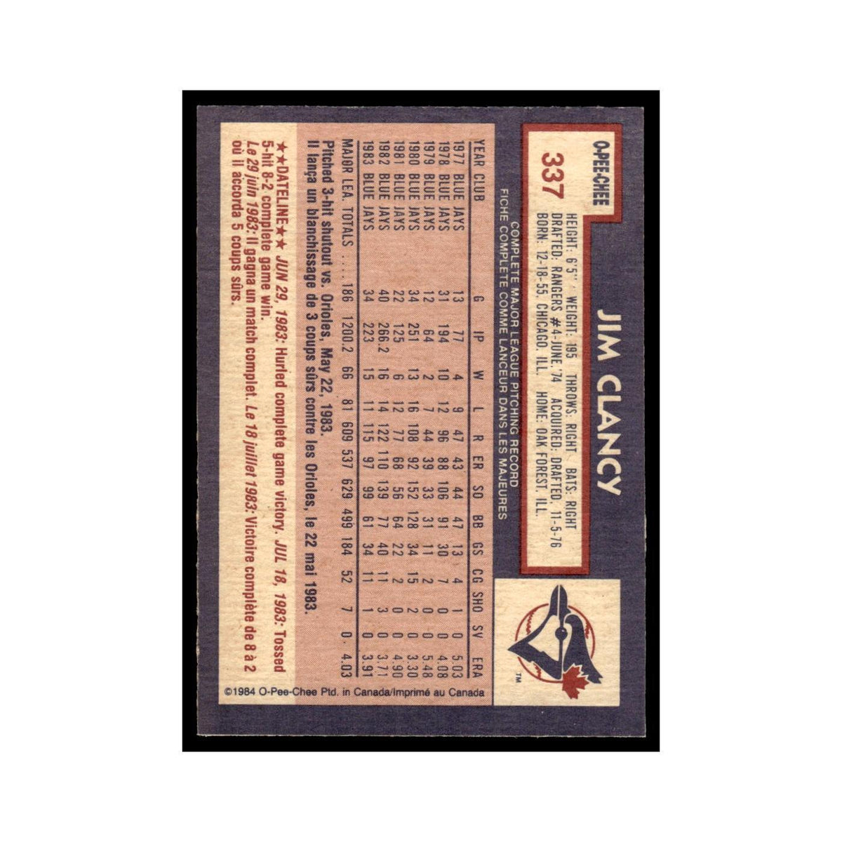 Jim Clancy 1984 O-Pee-Chee #337 Toronto Blue Jays Baseball Card EX