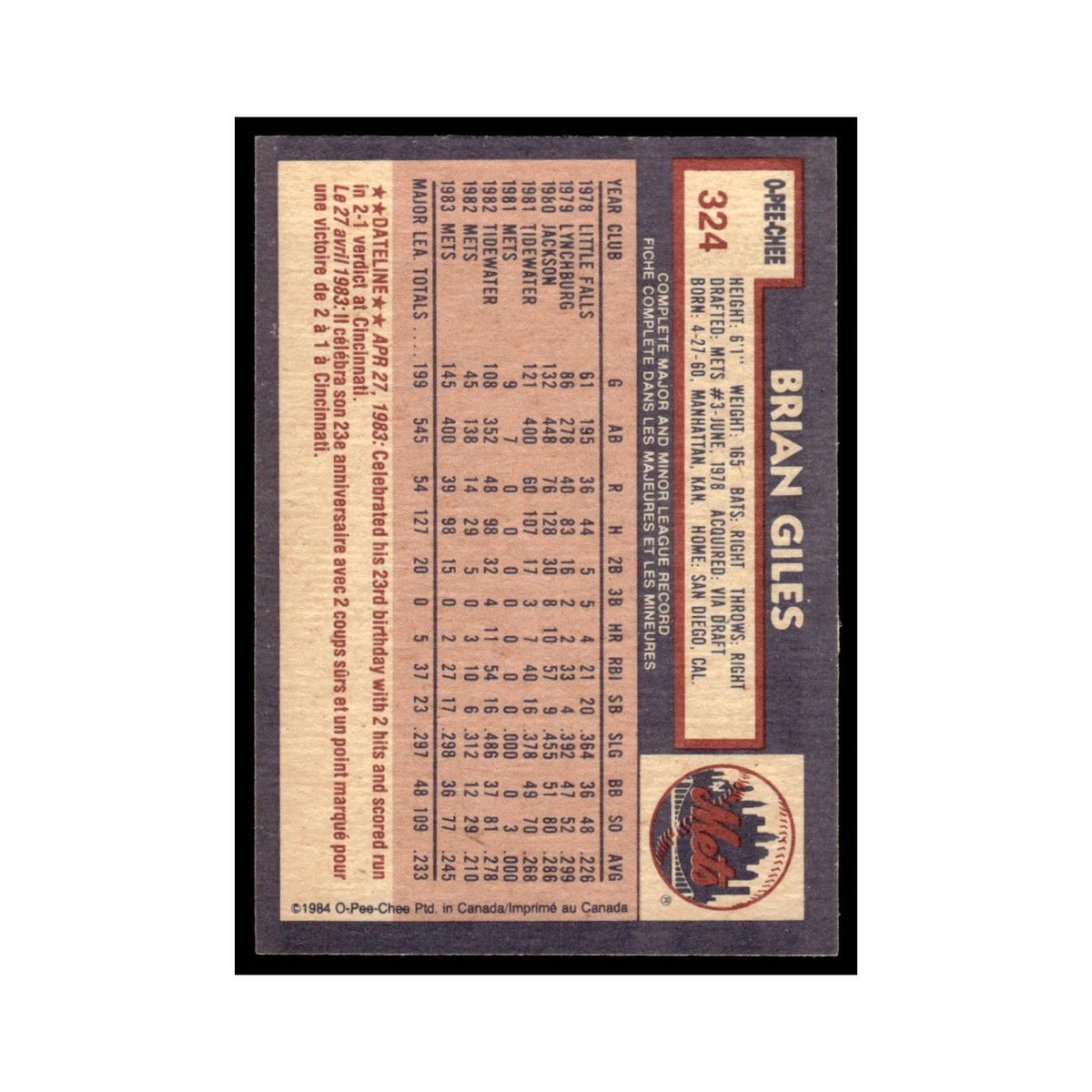 Brian Giles 1984 O-Pee-Chee #324 New York Mets Baseball Card EX