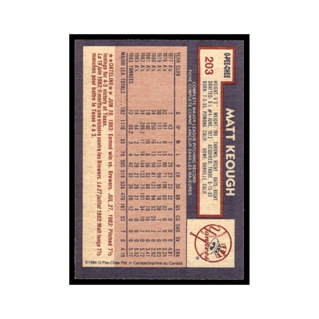 Matt Keough 1984 O-Pee-Chee #203 New York Yankees Baseball Card EX