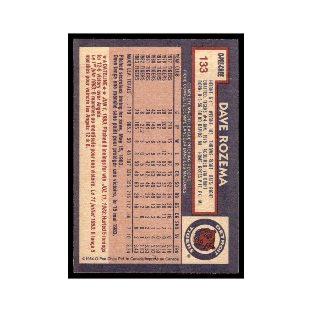Dave Rozema 1984 O-Pee-Chee #133 Detroit Tigers Baseball Card EX