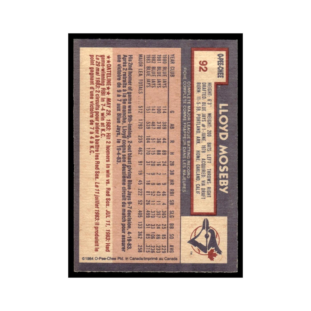 Lloyd Moseby 1984 O-Pee-Chee #92 Toronto Blue Jays Baseball Card EX