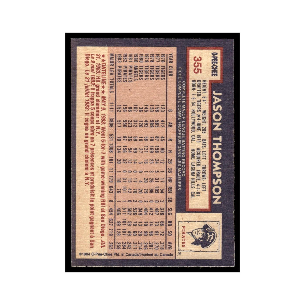 Jason Thompson 1984 O-Pee-Chee #355 Pittsburgh Pirates Baseball Card EX