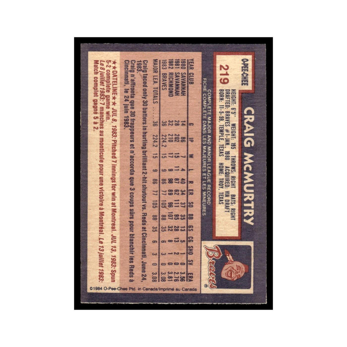 Craig McMurtry 1984 O-Pee-Chee #219 Atlanta Braves Baseball Card EX
