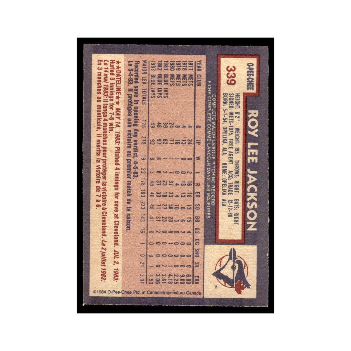 Roy Lee Jackson 1984 O-Pee-Chee #339 Toronto Blue Jays Baseball Card EX