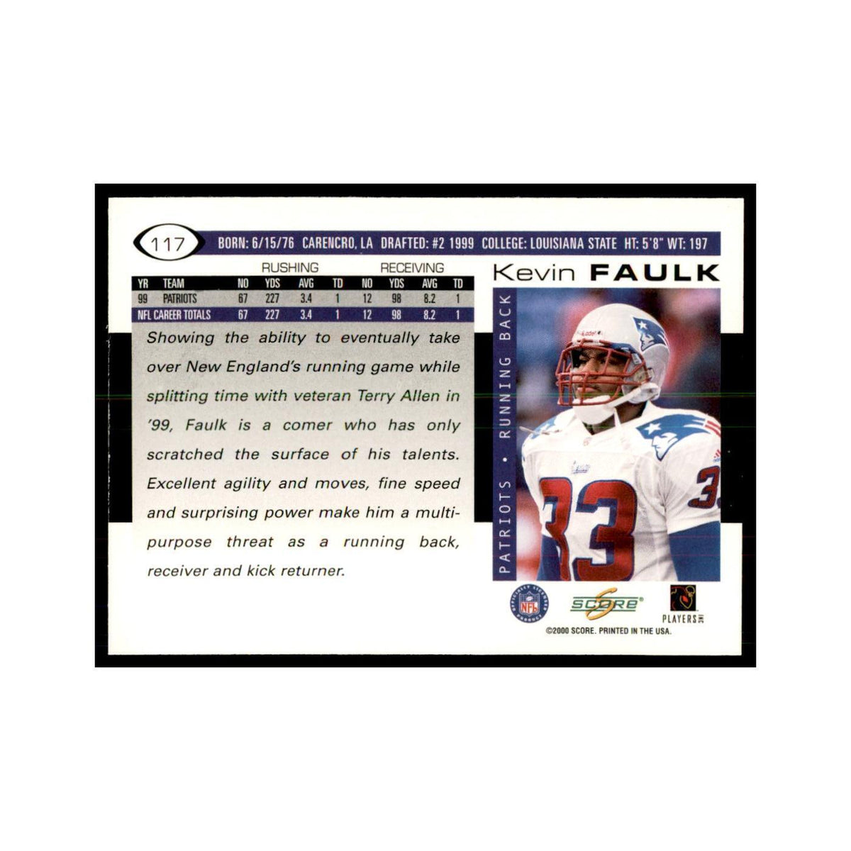Kevin Faulk 2000 Score #117 Football Cards Football Card NM