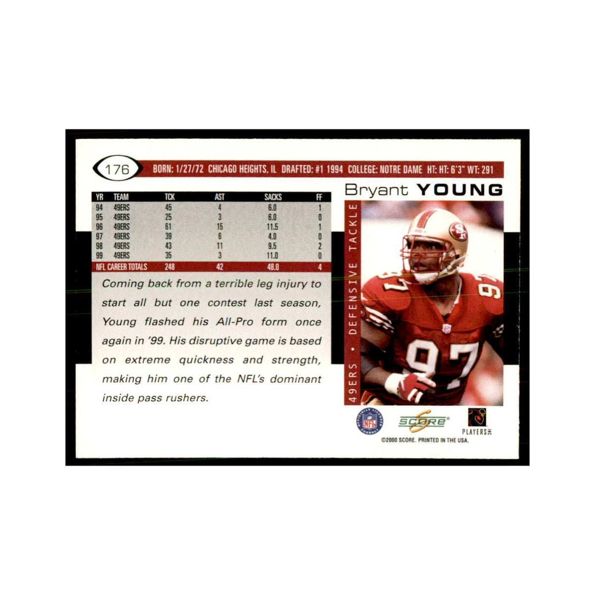 Bryant Young 2000 Score #176 Football Cards Football Card NM