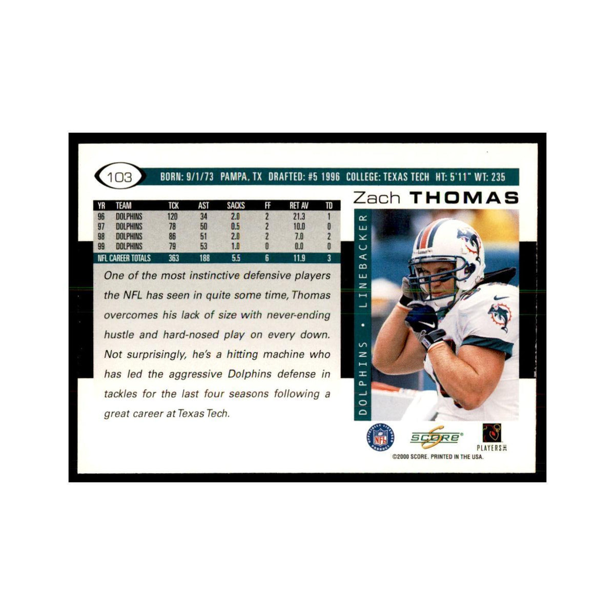 Zach Thomas 2000 Score #103 Football Cards Football Card NM