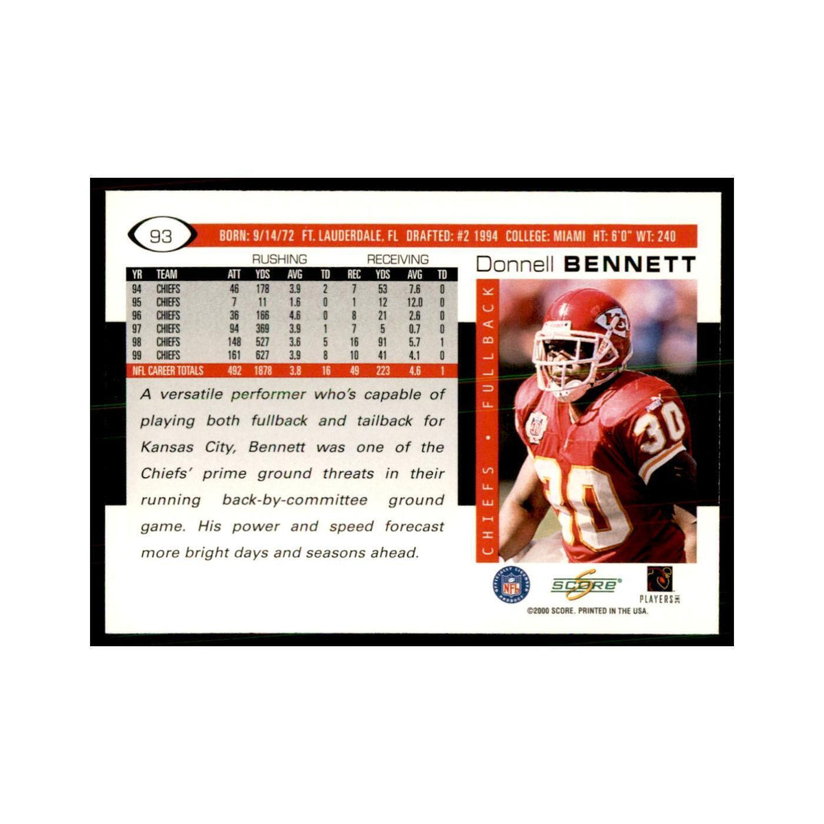 Donnell Bennett 2000 Score #93 Football Cards Football Card NM