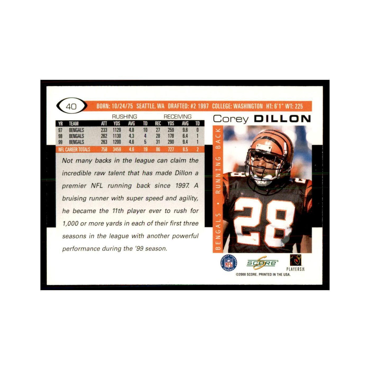 Corey Dillon 2000 Score #40 Football Cards Football Card NM