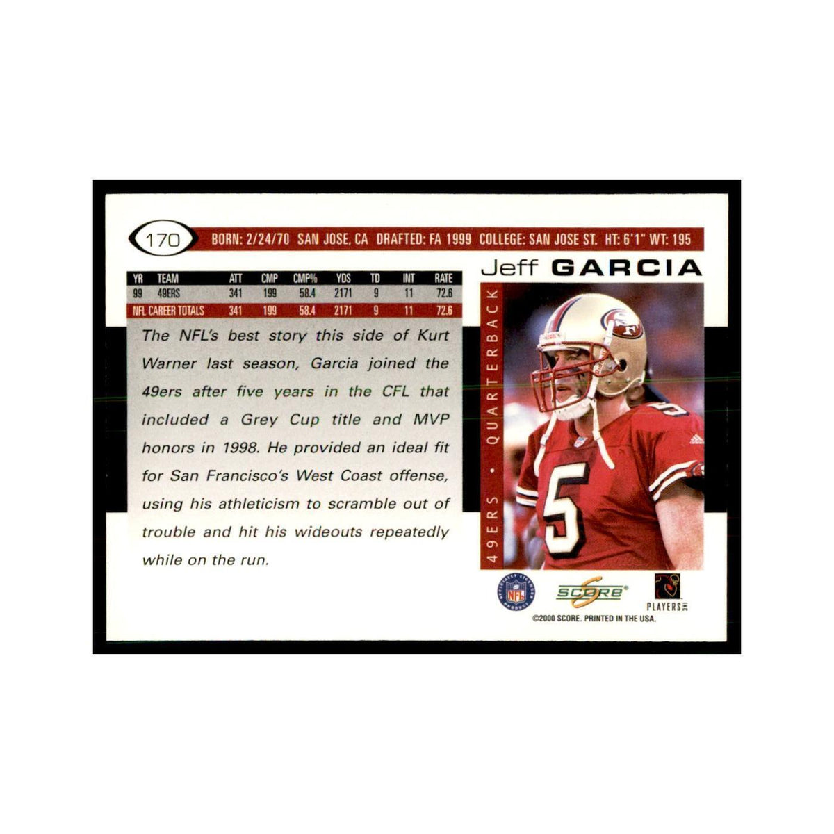 Jeff Garcia 2000 Score #170 Football Cards Football Card NM