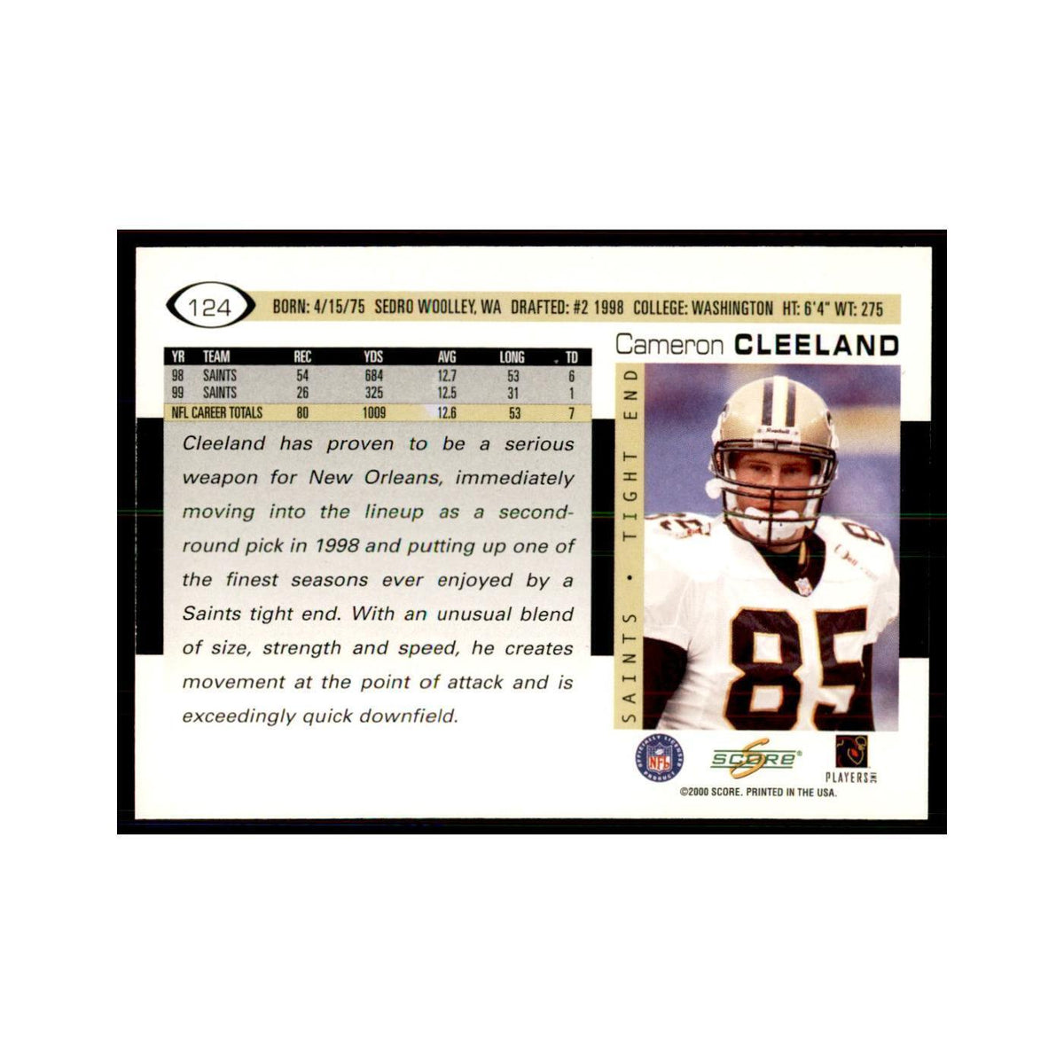 Cameron Cleeland 2000 Score #124 Football Cards Football Card NM