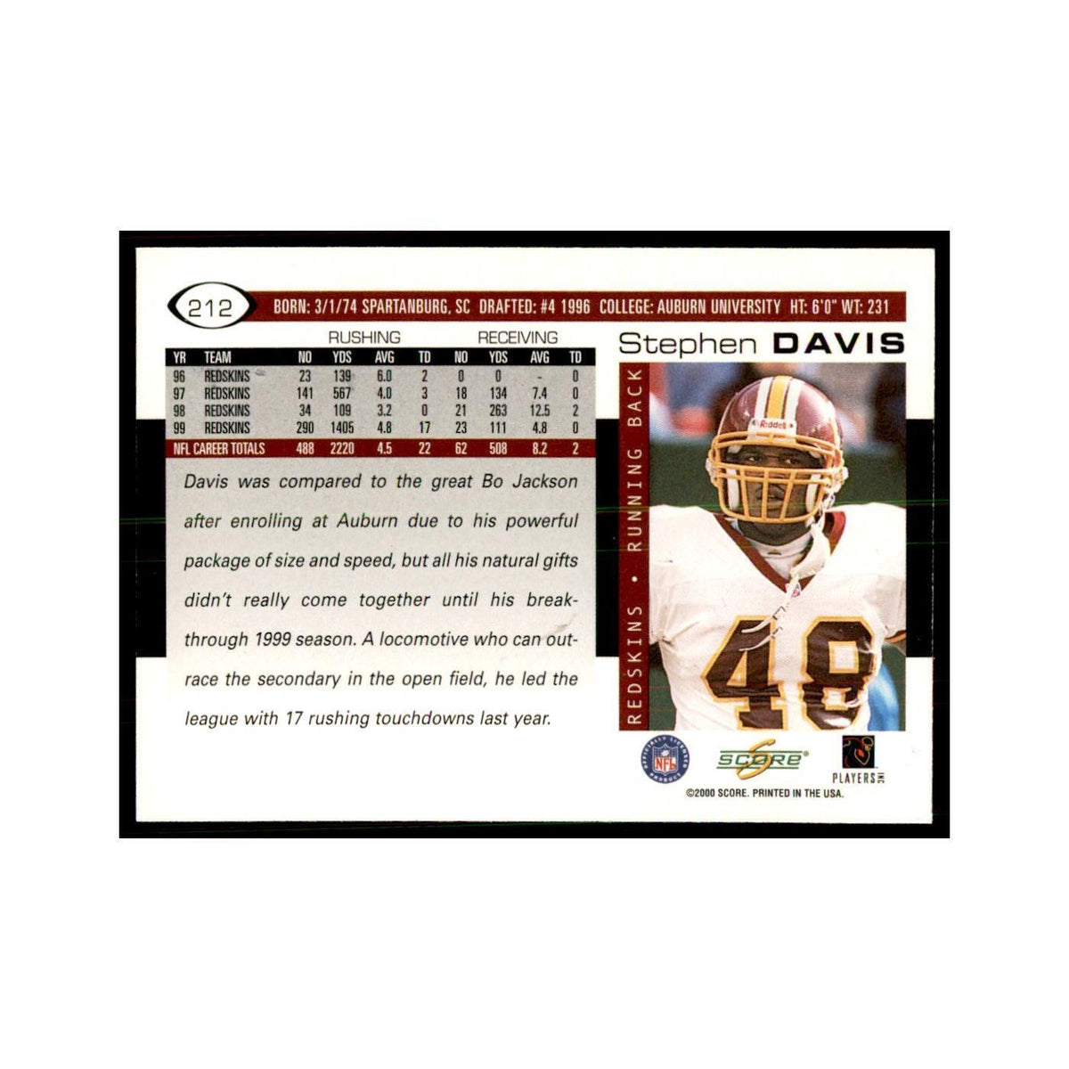 Stephen Davis 2000 Score #212 Football Cards Football Card NM