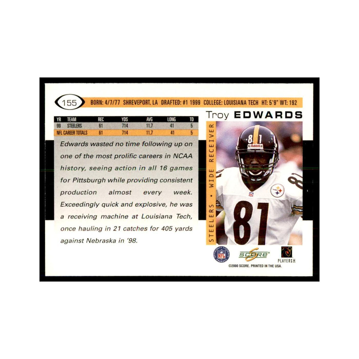 Troy Edwards 2000 Score #155 Football Cards Football Card NM