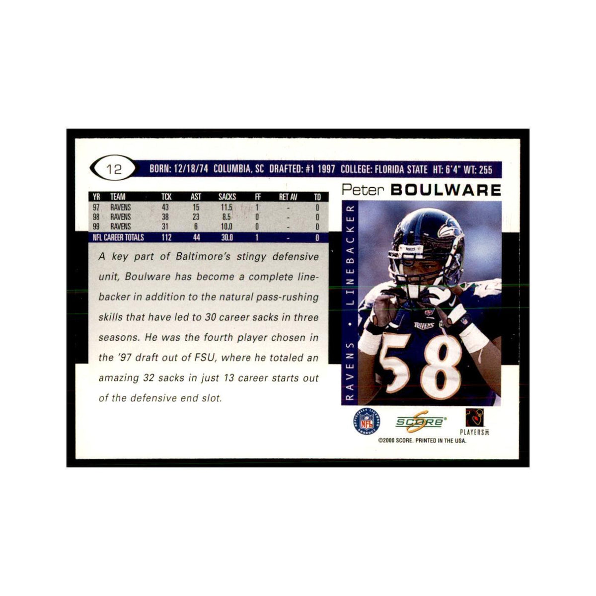 Peter Boulware 2000 Score #12 Football Cards Football Card NM