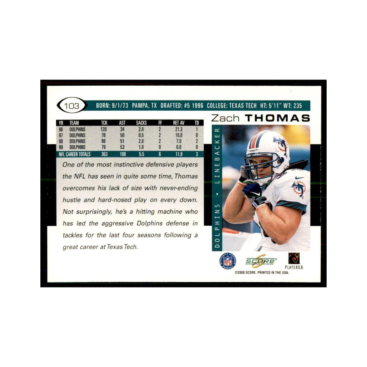 Zach Thomas 2000 Score #103 Football Cards Football Card NM