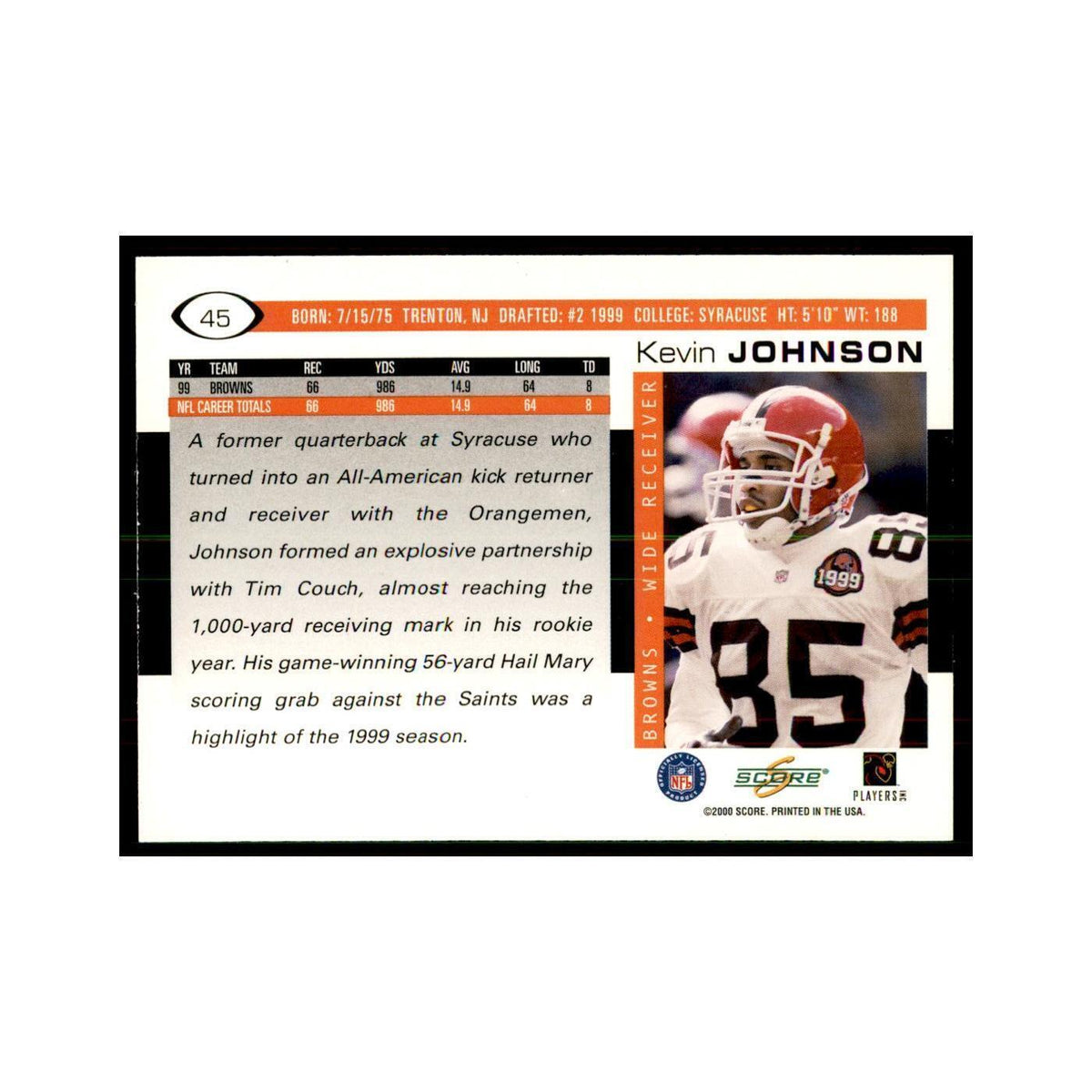 Kevin Johnson 2000 Score #45 Football Card NM