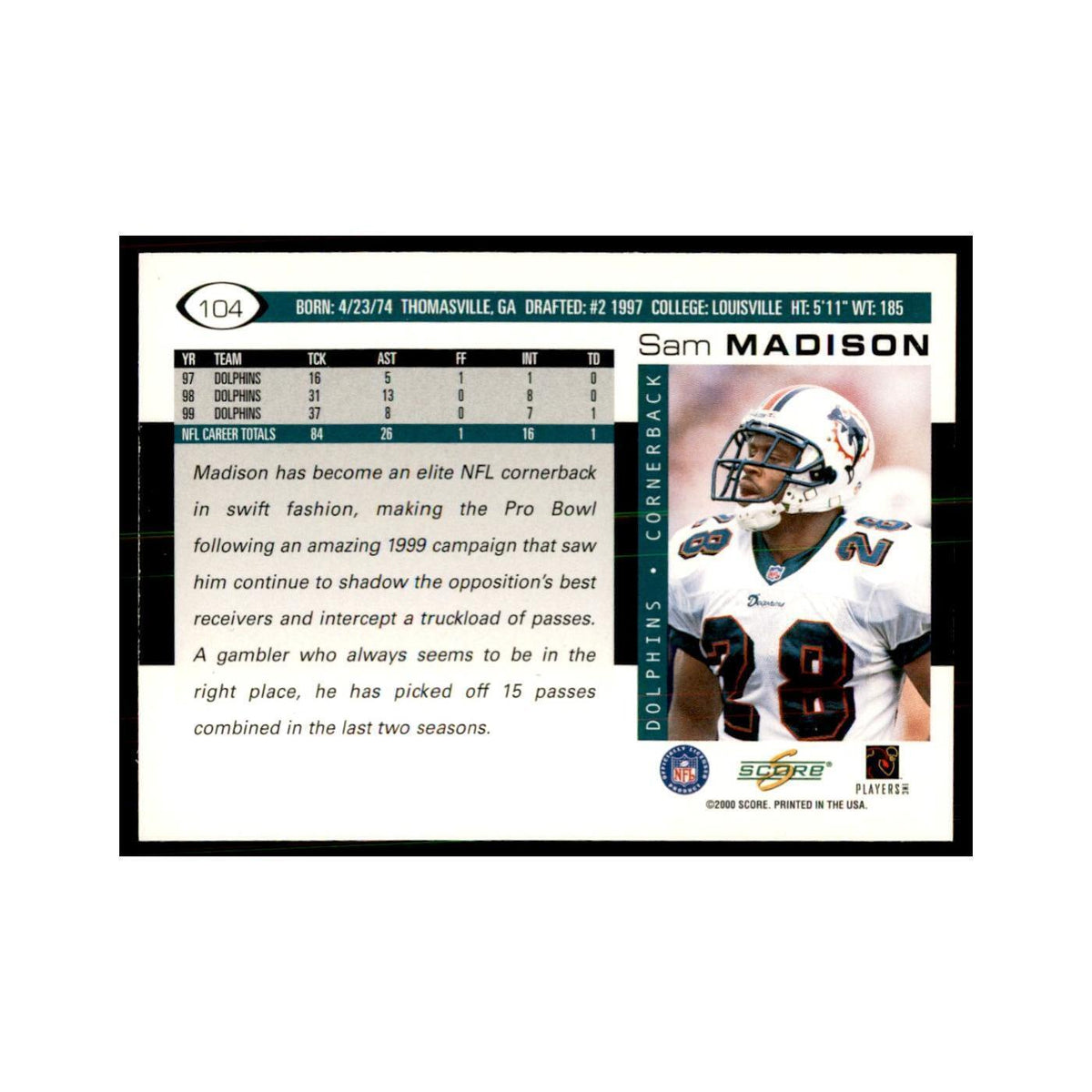 Sam Madison 2000 Score #104 Football Cards Football Card NM