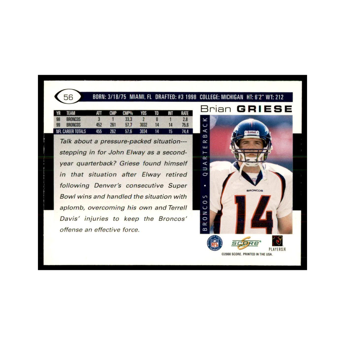 Brian Griese 2000 Score #56 Football Cards Football Card NM