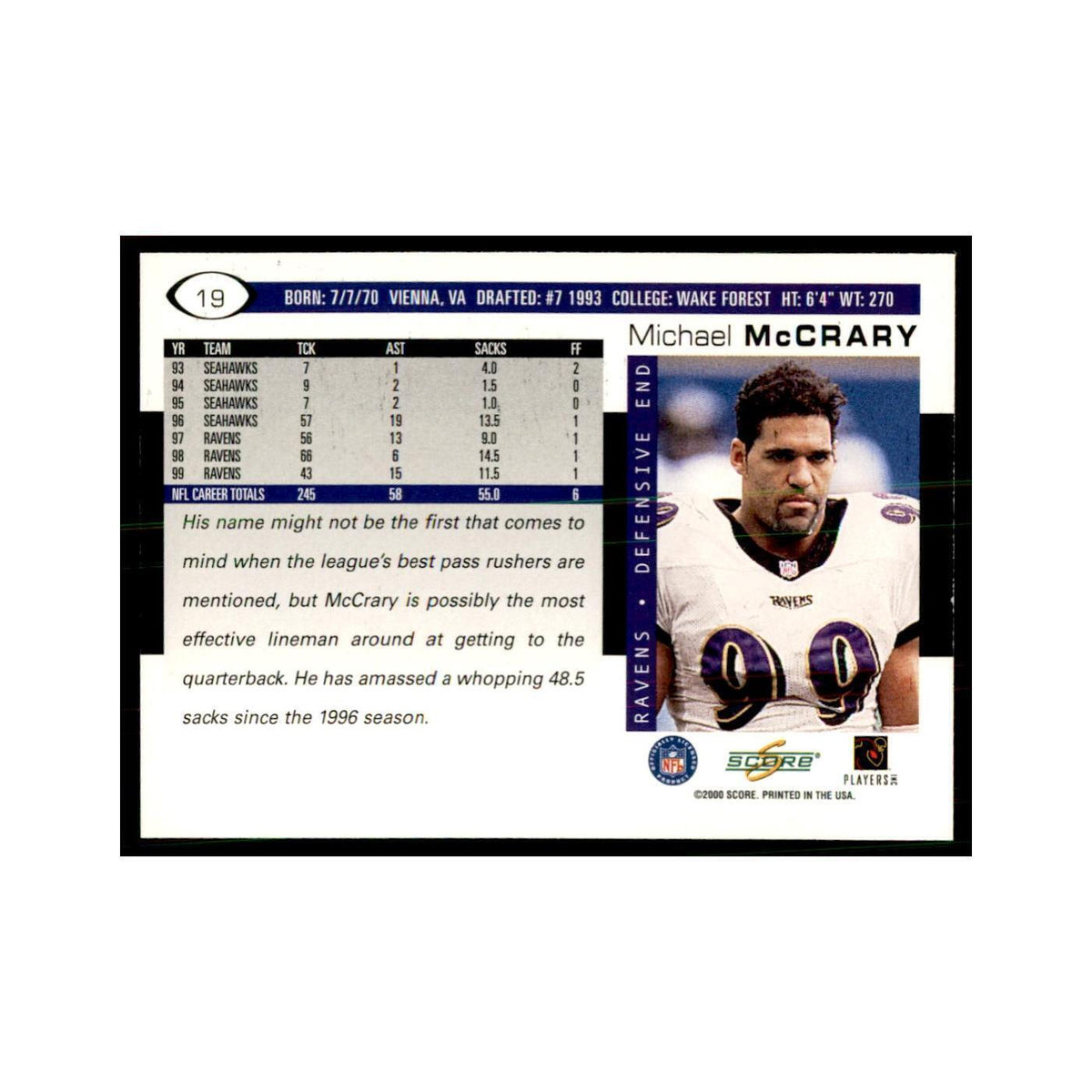 Michael McCrary 2000 Score #19 Football Cards Football Card NM
