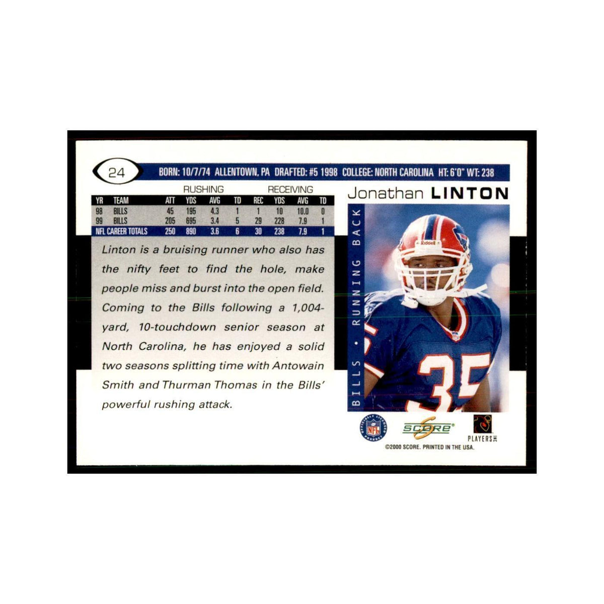 Jonathan Linton 2000 Score #24 Football Cards Football Card NM