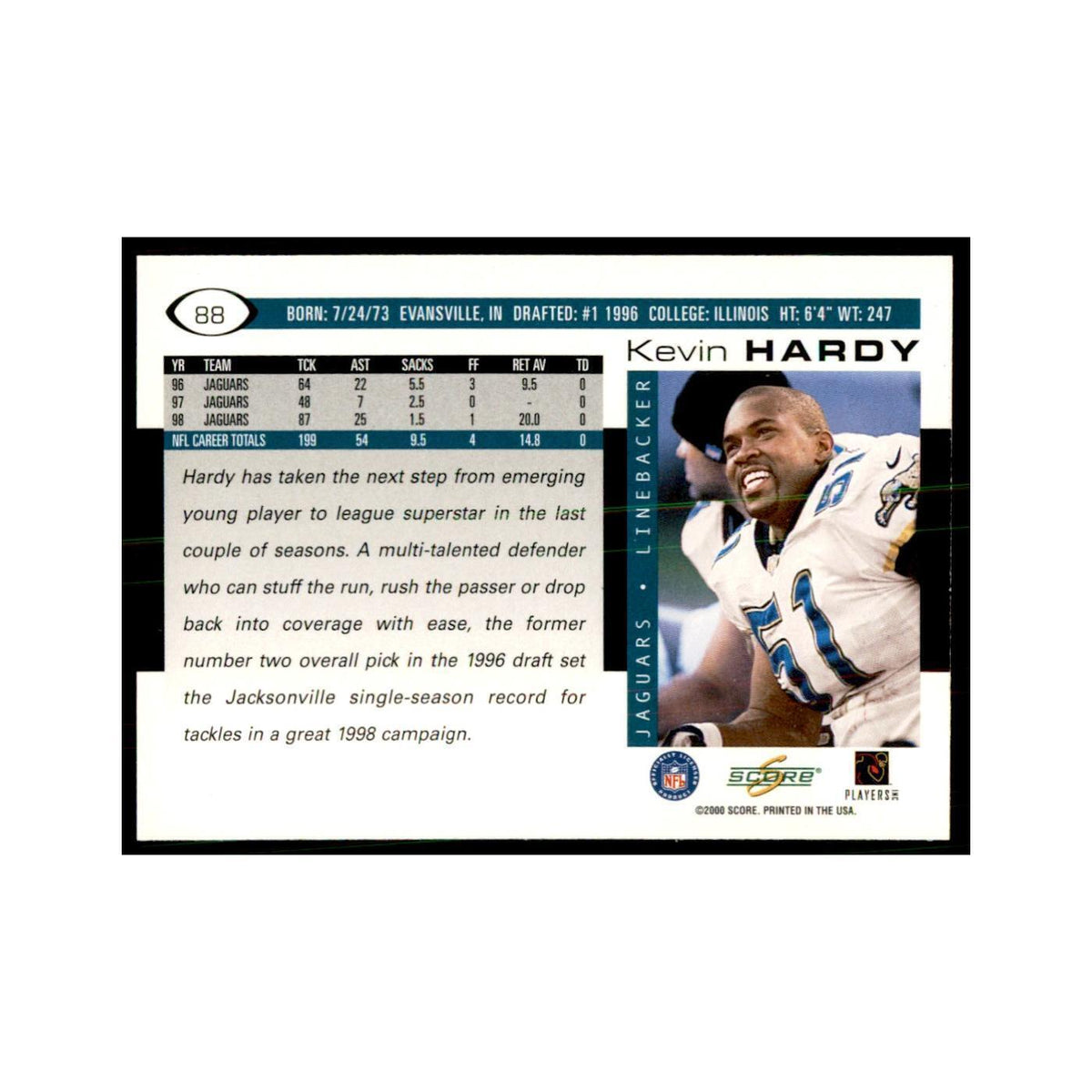 Kevin Hardy 2000 Score #88 Football Cards Football Card NM