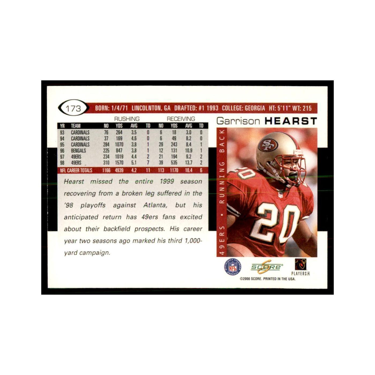 Garrison Hearst 2000 Score #173 Football Card NM