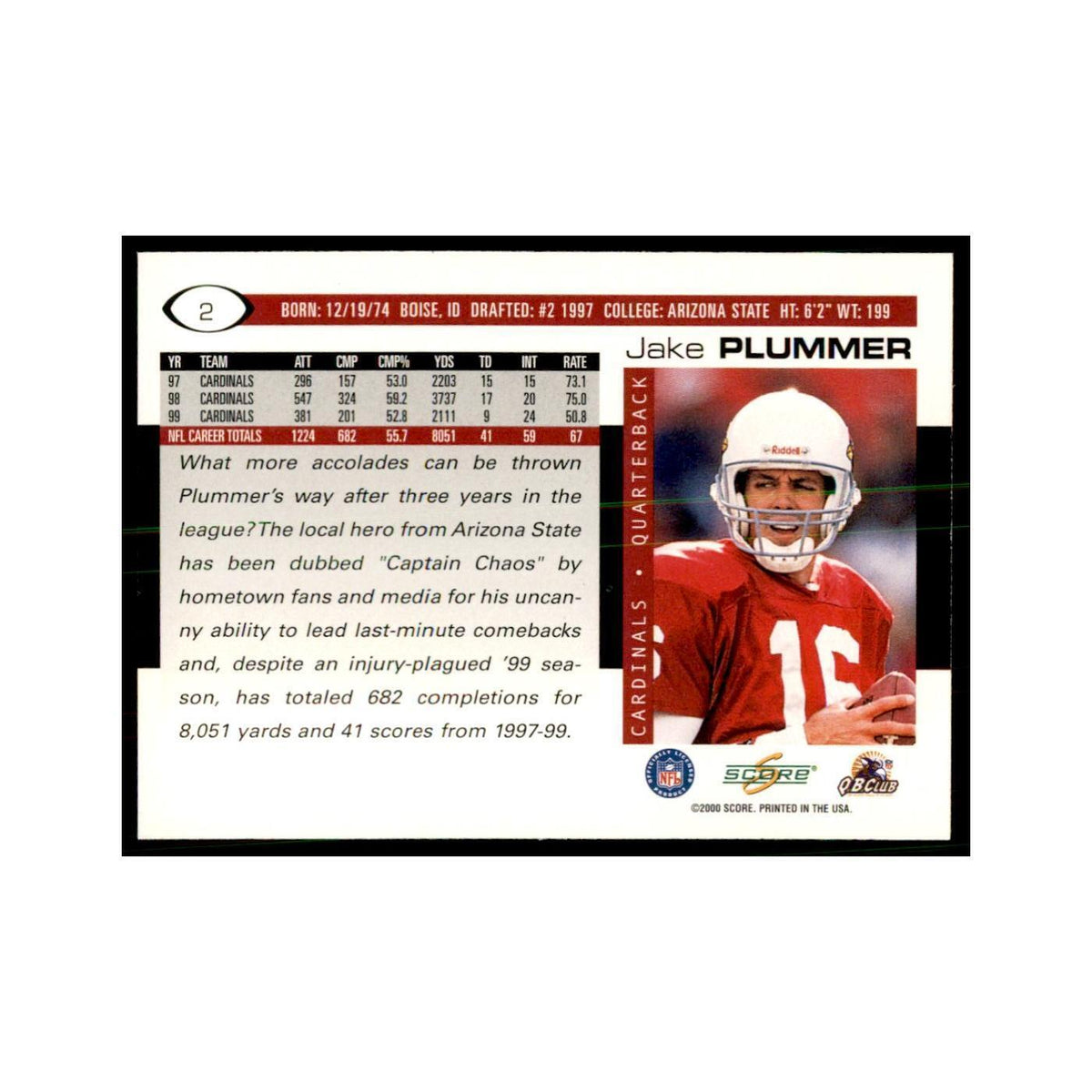 Jake Plummer 2000 Score #2 Football Card NM
