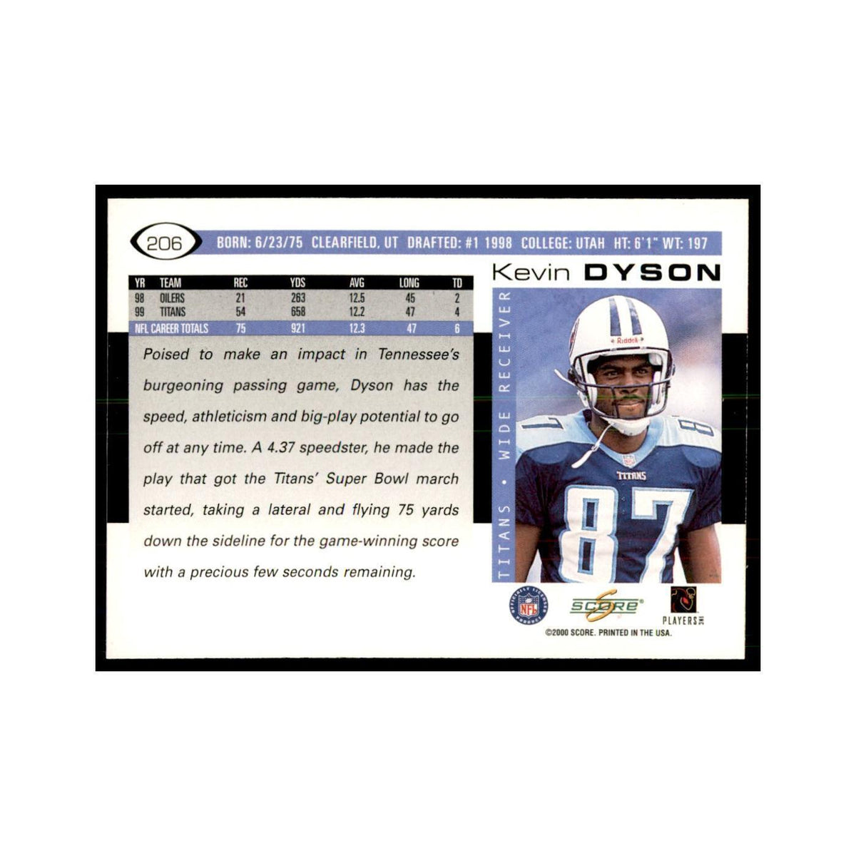 Kevin Dyson 2000 Score #206 Football Cards Football Card NM