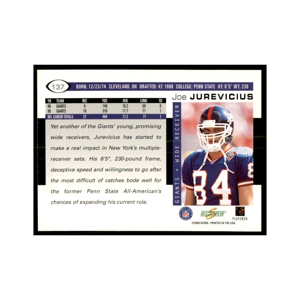 Joe Jurevicius 2000 Score #137 Football Cards Football Card NM