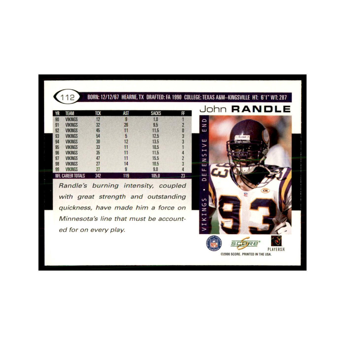 John Randle 2000 Score #112 Football Cards Football Card NM