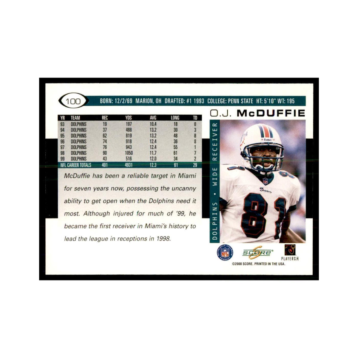 O.J. McDuffie 2000 Score #100 Football Cards Football Card NM
