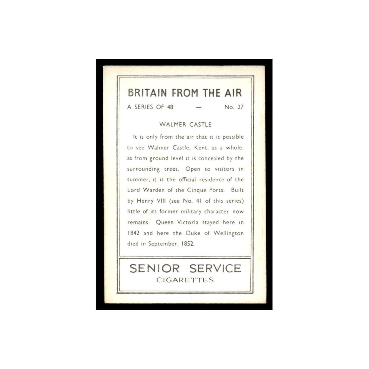 Walmer Castle 1939 Senior Service Britain From Air #27 Tobacco Card VG