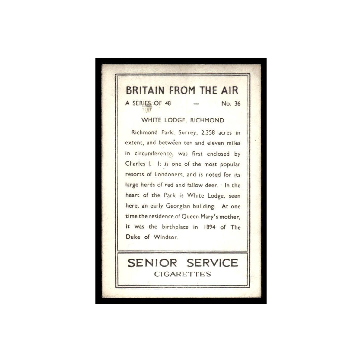 White Lodge 1939 Senior Service Britain From Air #36 Tobacco Card VG