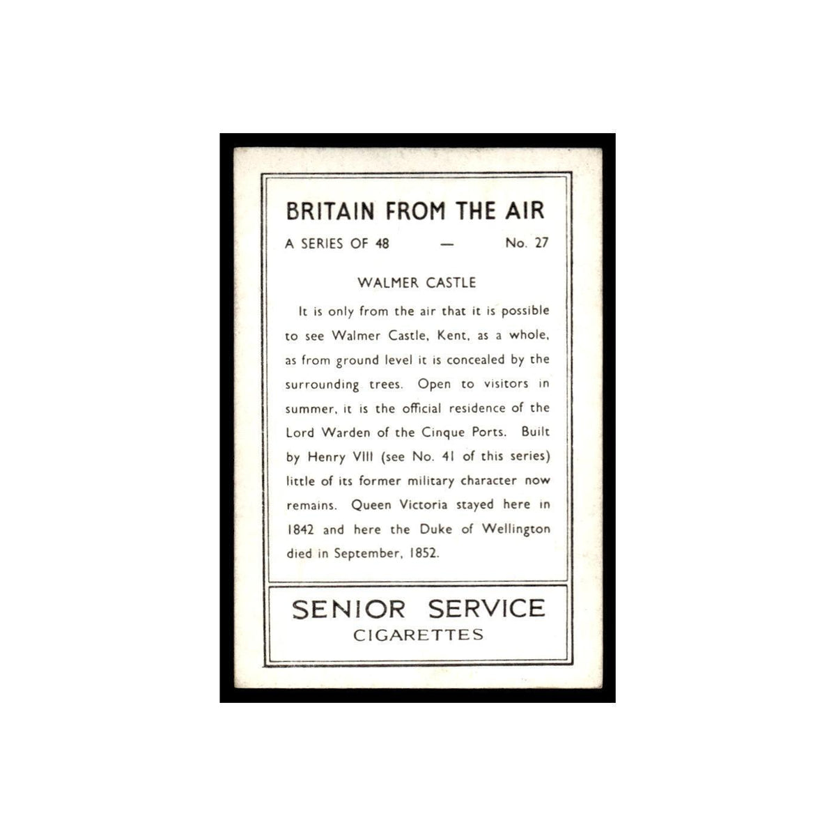 Walmer Castle 1939 Senior Service Britain From Air #27 Tobacco Card VG