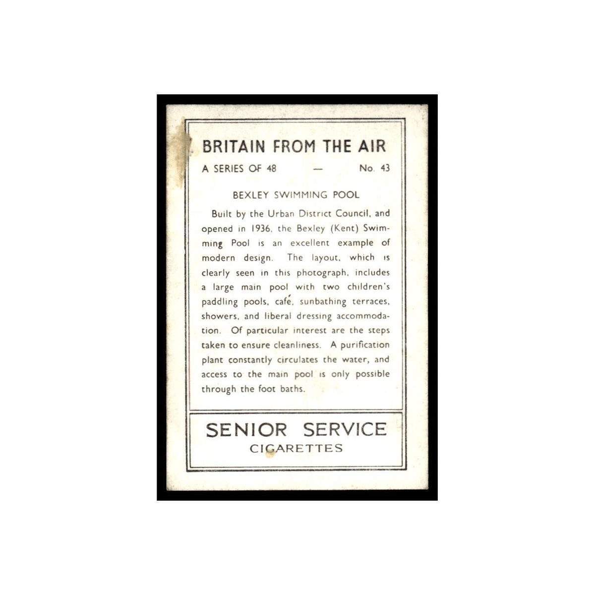 Bexley Swimming Pool 1939 Senior Service Britain From Air #43 Tobacco Card VG
