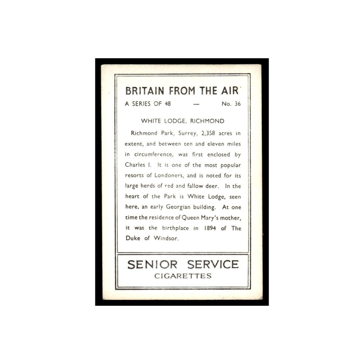 White Lodge 1939 Senior Service Britain From Air #36 Tobacco Card VG