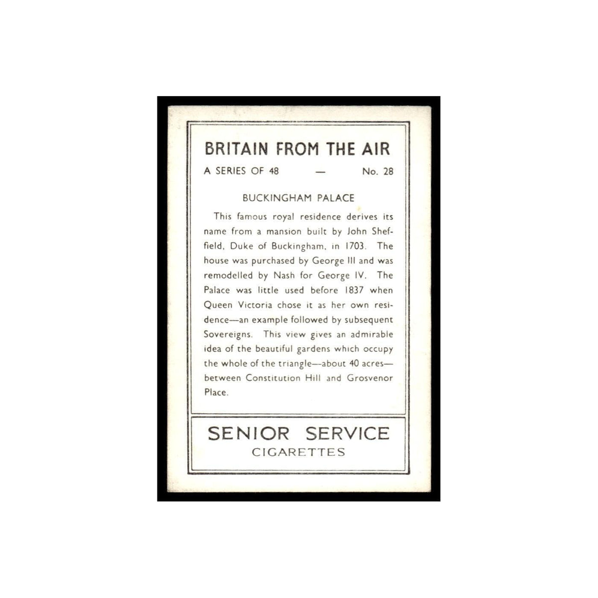 Buckingham Palace 1939 Senior Service Britain From Air #28 Tobacco Card VG