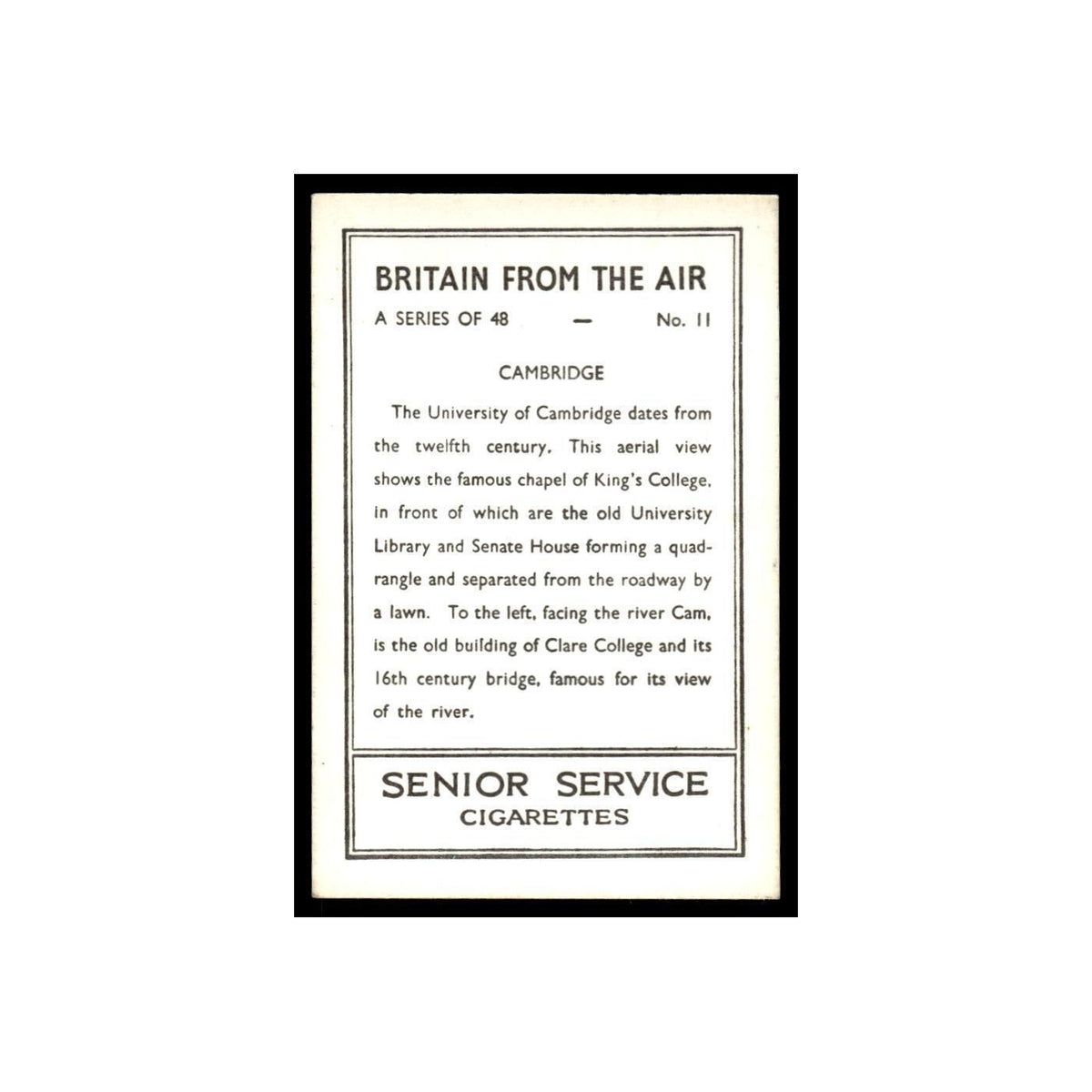 Cambridge 1939 Senior Service Britain From Air #11 Tobacco Card VG