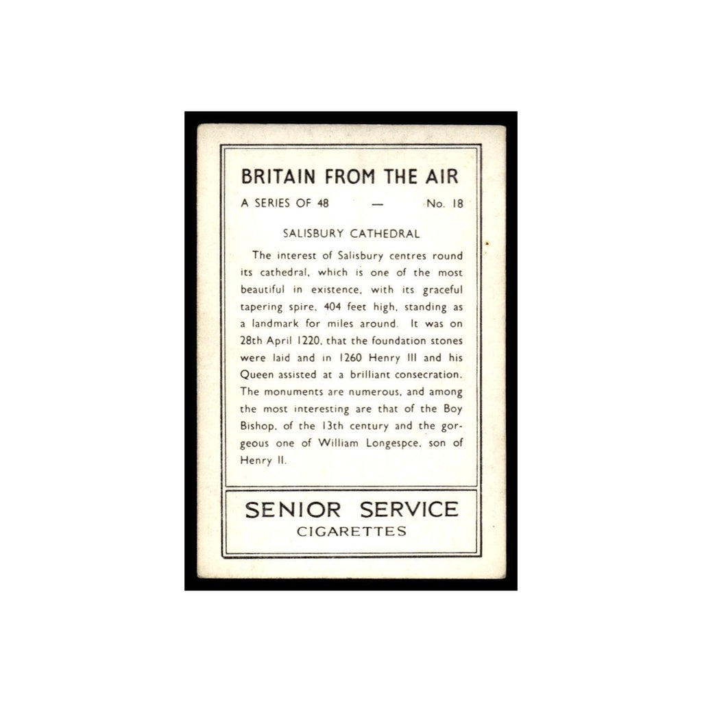 Salisbury Cathedral 1939 Senior Service Britain From Air #18 Tobacco Card VG