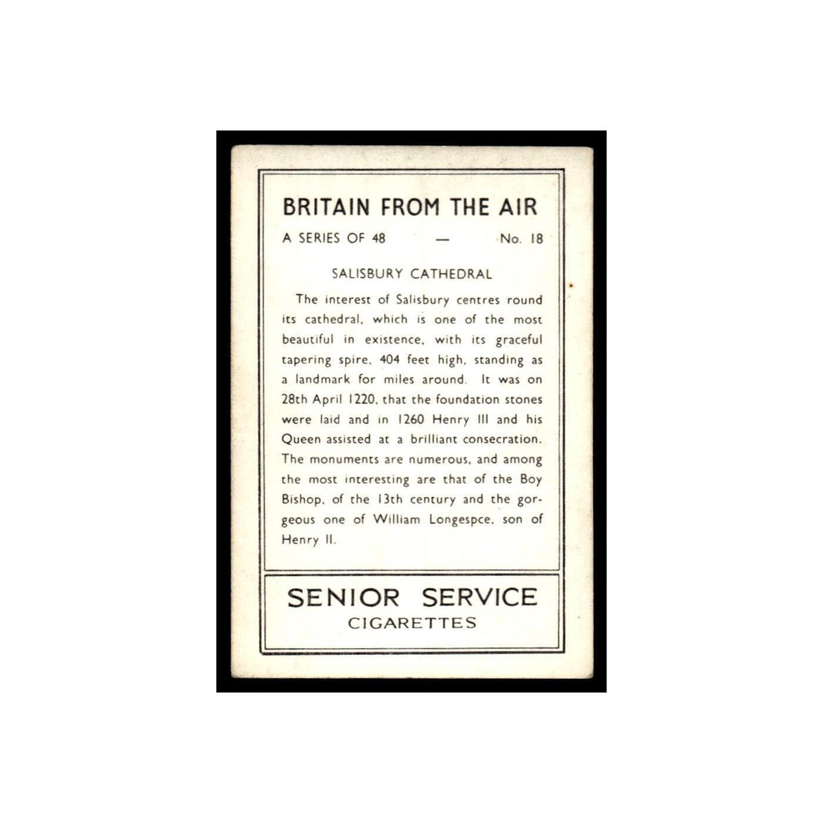 Salisbury Cathedral 1939 Senior Service Britain From Air #18 Tobacco Card VG