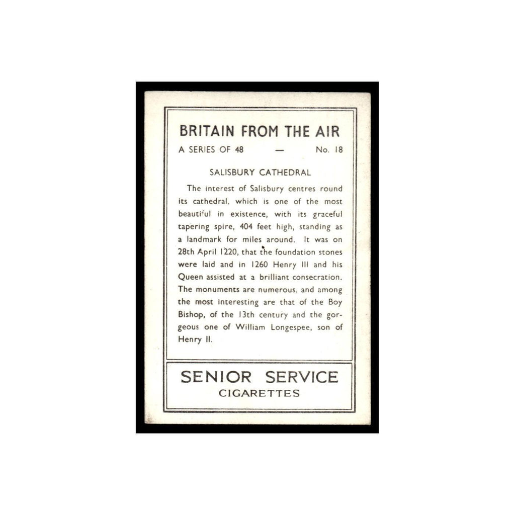 Salisbury Cathedral 1939 Senior Service Britain From Air #18 Tobacco Card VG