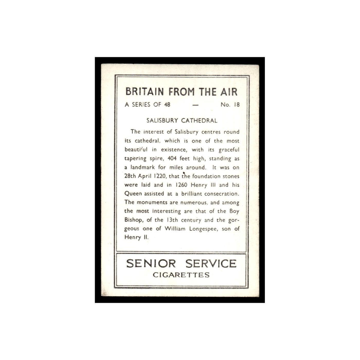 Salisbury Cathedral 1939 Senior Service Britain From Air #18 Tobacco Card VG