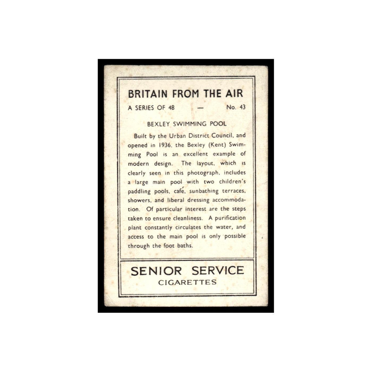 Bexley Swimming Pool 1939 Senior Service Britain From Air #43 Tobacco Card VG