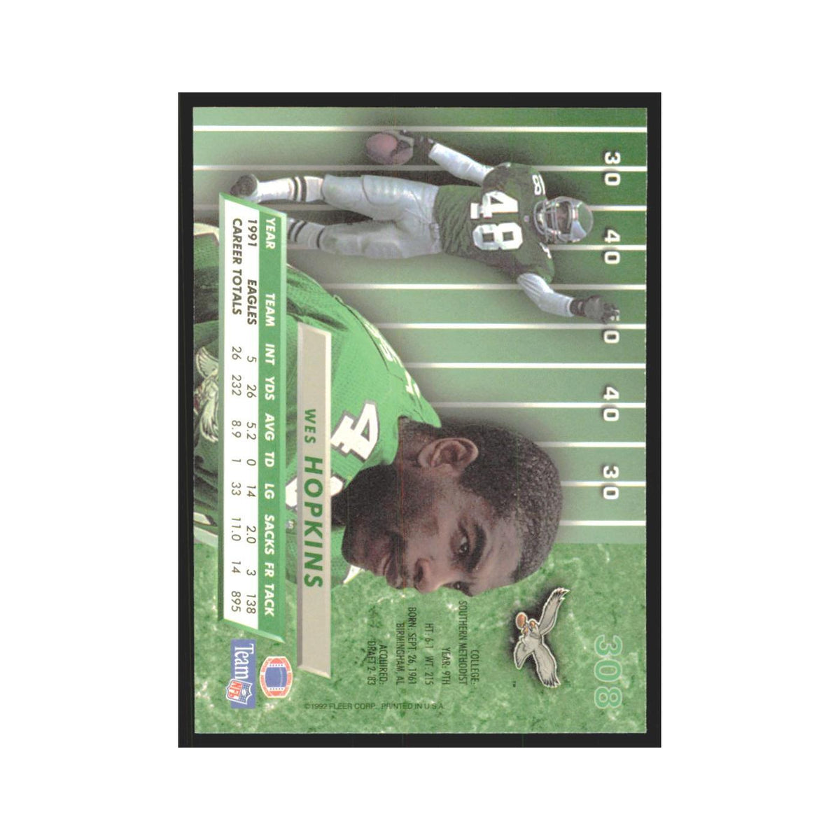 Wes Hopkins 1992 Fleer Ultra #308 Football Cards Football Card NM