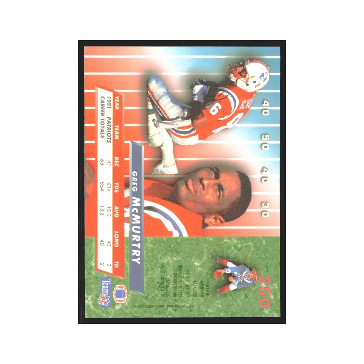 Greg McMurtry 1992 Fleer Ultra #250 Football Cards Football Card NM