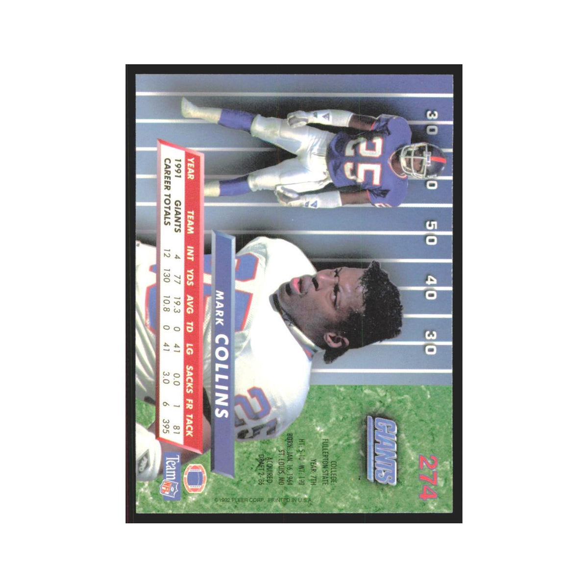 Mark Collins 1992 Fleer Ultra #274 Football Cards Football Card NM