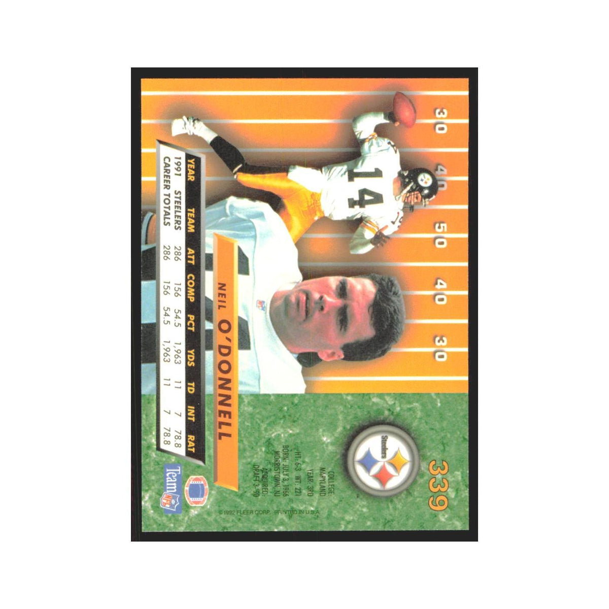 Neil O'Donnell 1992 Fleer Ultra #339 Football Cards Football Card NM