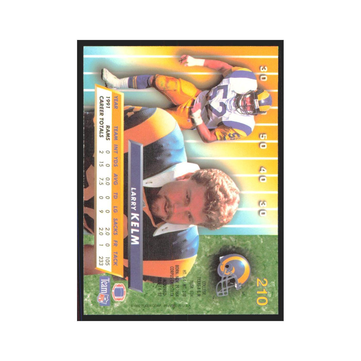 Larry Kelm 1992 Fleer Ultra #210 Football Cards Football Card NM