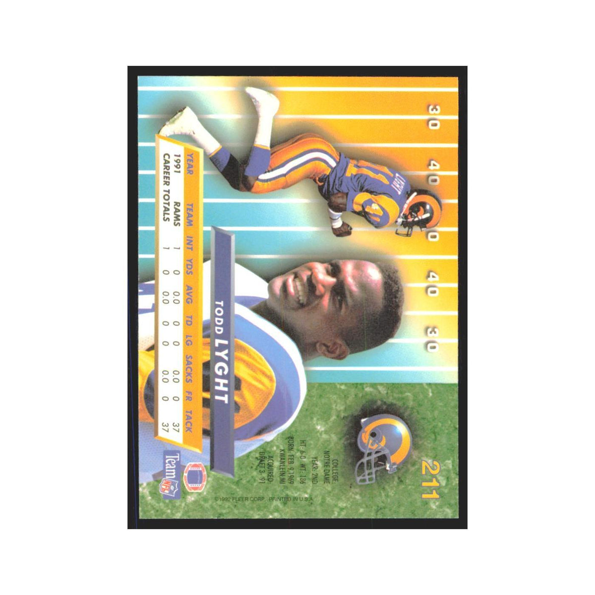 Todd Lyght 1992 Fleer Ultra #211 Football Cards Football Card NM