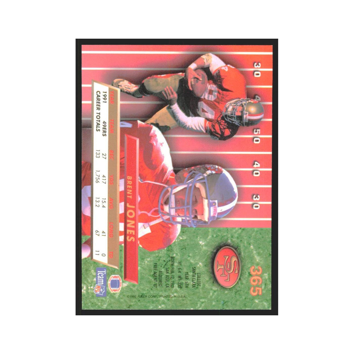 Brent Jones 1992 Fleer Ultra #365 Football Cards Football Card NM
